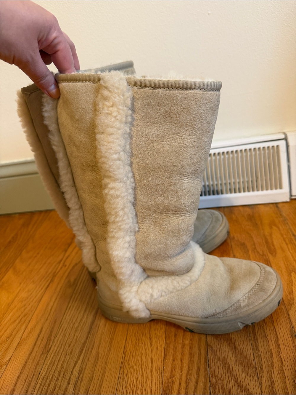 UGG Tall Shearling-Trim Suede Boots in Cream-SUNBURST